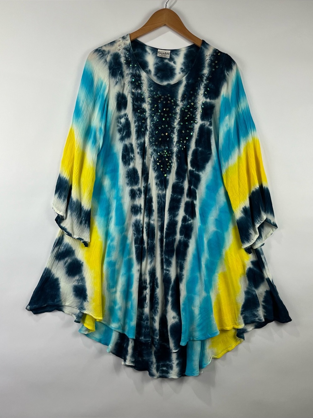 Rainbow Tie Dye Y2K Boho Embellished Tunic Dress lightweight Flowy Festival